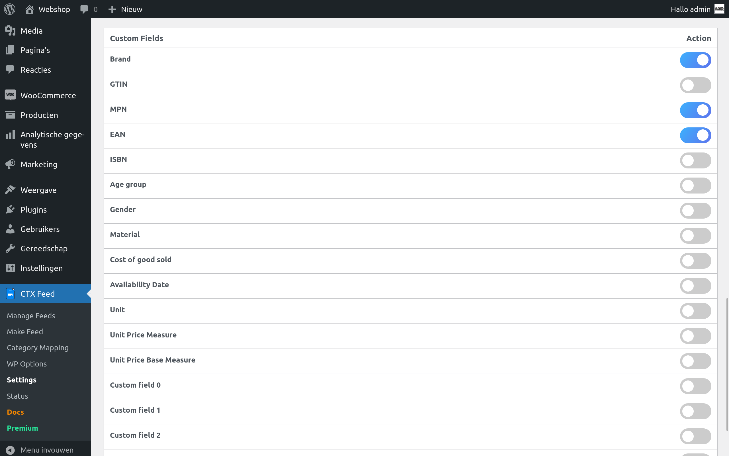 Het inschakelen van custom fields in CTX Feed