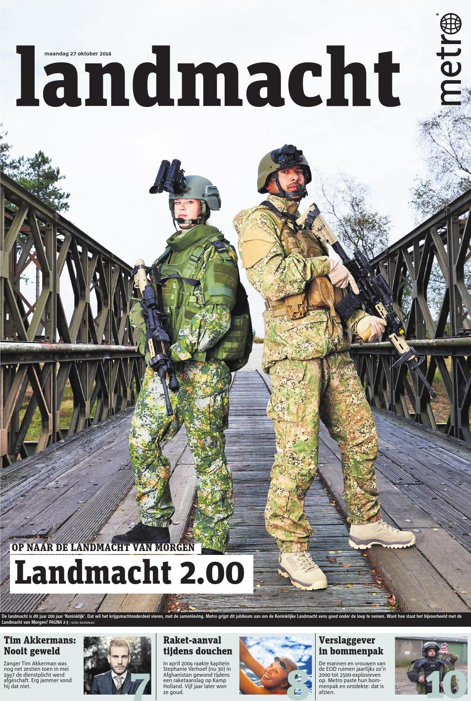 De
    voorpagina van de Metro-special, met de foto van twee militairen in het nieuwe gevechtstenue